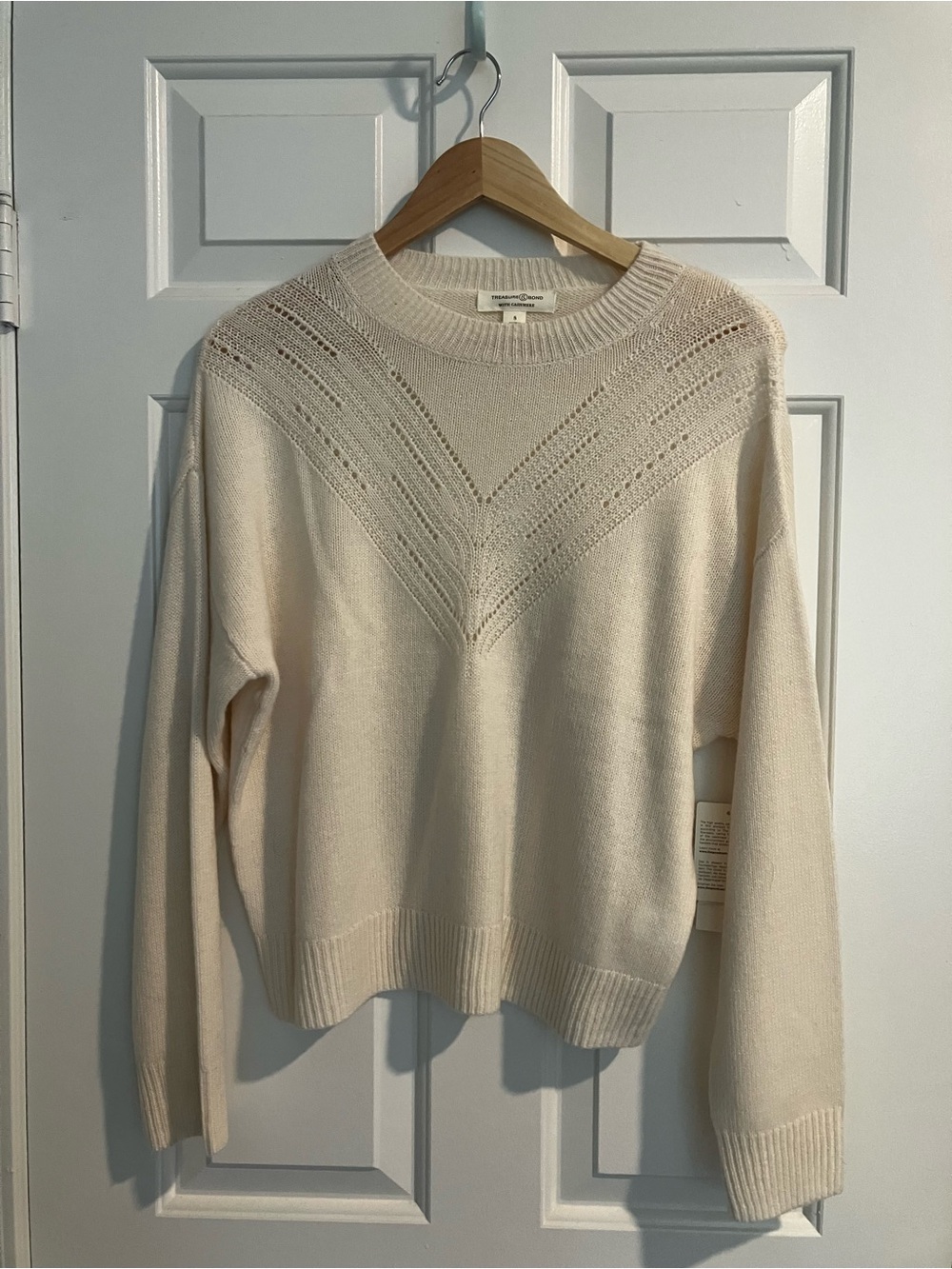 Treasure & Bond Wool Cashmere Cream Crewneck Sweater with Eyelet Detail